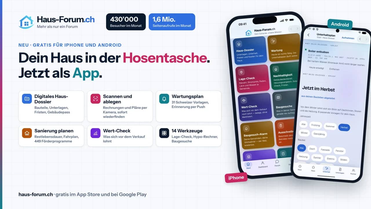 Zwei Smartphones: links ein iPhone mit der Startseite von Haus-Forum.ch und farbigen Werkzeugkarten, rechts ein Android-Telefon mit dem Unterhaltsplan; daneben die Reichweite von 430'000 Besuchern im Monat und die Nutzen der App vom Haus-Dossier bis zum W
